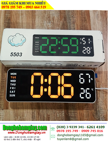 Đồng hồ LED TA-5503, Đồng hồ LED Treo Tường Xem Giờ Báo thức Đo Nhiệt độ Độ ẩm LED TA-5503 (22cm x 8cm x 3.5cm), Bảo hành 6 tháng